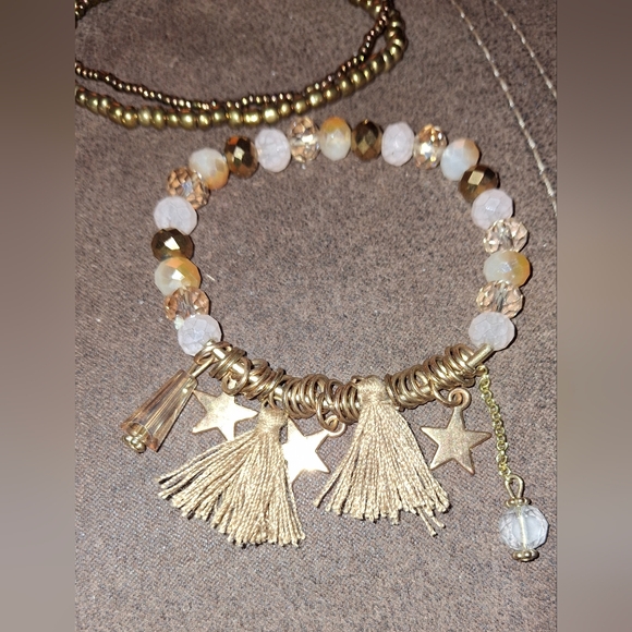 Lot of beaded bracelets stretchy goldtone lilac brushed polished metal acrylic - Picture 7 of 9